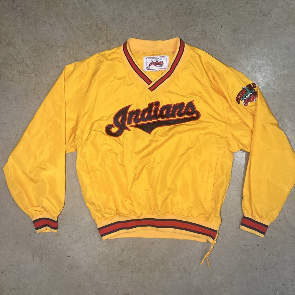 Vintage Cleveland Indians Jacket Mens M Pullover Jacobs Field Puma MLB Yellow